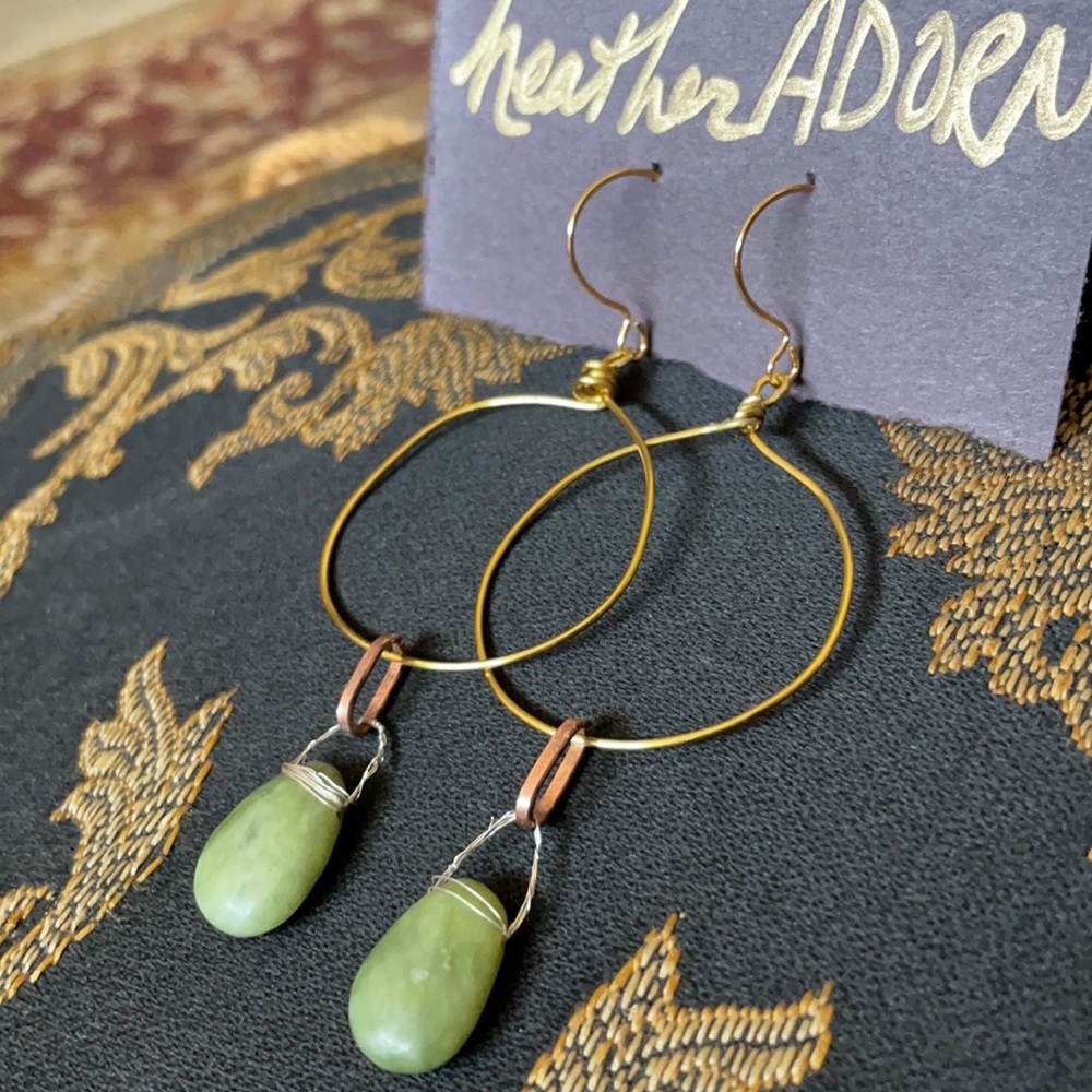 Golden Copper Silver Serpentine Hoop Dangle Earrings